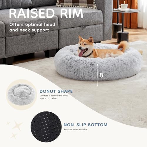 DUMOS 37.4 Inch XL Donut Dog Bed for Indoor Use, Fluffy Faux Fur Plush