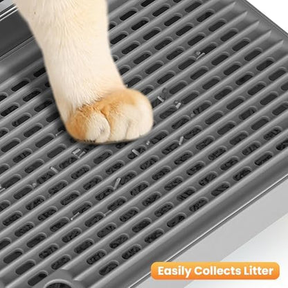 Litter Box Step, Litter Box Ramp/Catcher with Wooden Base, Anti-Tracking & Easy to Clean, Ideal for Small & Elderly Cats 11.8"x7.9"x3.6" (Dark Gray)