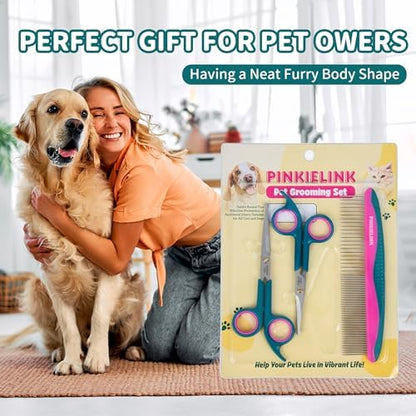 Pet Grooming Scissors Kit, Dog Grooming Shears with Stainless Steel Rounded Tip Blades for Safe Fur Trimming for Dog, Cat, Includes Pet Comb (Set of 3)