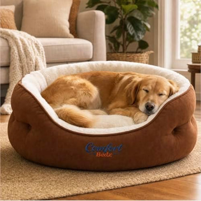Calming Dog Bed for Small, Medium, and Large Dogs, Ultra-Soft Plush Sherpa Interior, Raised Bolster Rim, Faux Suede Exterior, Brown and Cream 81cm