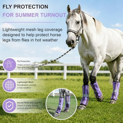 Horse Fly Boots Set of 4, Breathable Mesh Leg Wraps Violet Cob