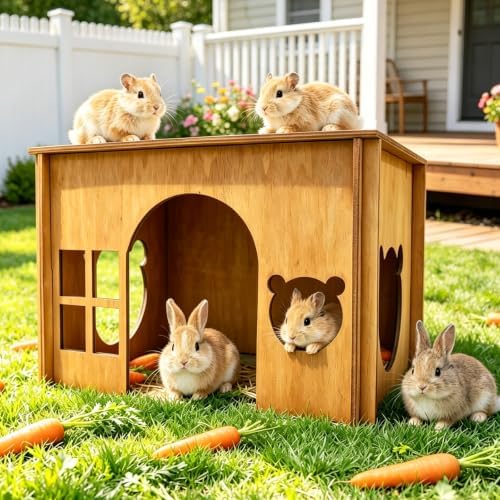 Large Sturdy Wooden Rabbit Castle Hideout with Spacious Balcony, Detachable Bunny Playhouse Hideaway Cage Accessories, Indoor Habitat Toys for Guinea Pig Chinchilla Hamster Gerbil Small Animals