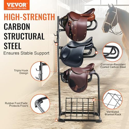 VEVOR Freestanding Saddle Stand, 30 x 30 x 68.5 in, 3 Tiers Saddle Rack, Heavy Duty Saddle Blanket Holder with Removable & Rotating Tiers, English & Western Saddle Rack for Tack Room Organization