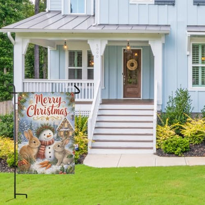 Merry Christmas House Flag 28x40 Inch Rabbit Pair Snowman Carrot Basket Holly Pinecone Watercolor Winter Outdoor Yard Lawn Front Porch Welcome Double Sided Banner Decor