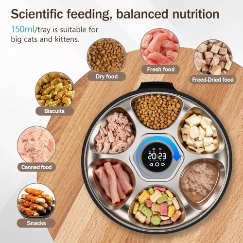 Automatic Wet Food Cat Feeder 6 Meal with Stainless Steel Tray, Auto Refrigerated Wet Foods Feeder for Cats Dogs, Programmable Timed Fresh Foods Dispenser with 2 Ice Packs for Kitty Puppy Cat Dog