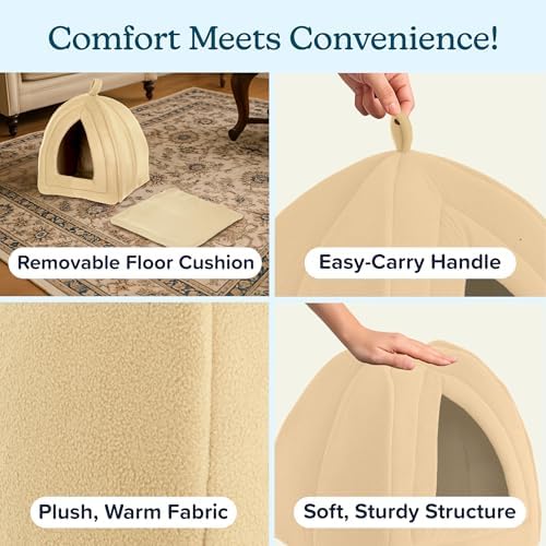 Cat House - Indoor Bed with Removable Foam Cushion - Pet Tent for Puppies, Rabbits, Guinea Pigs, Hedgehogs, and Other Small Animals by PETMAKER (Tan)