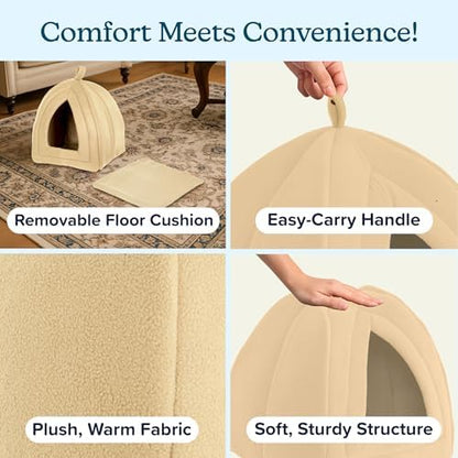 Cat House - Indoor Bed with Removable Foam Cushion - Pet Tent for Puppies, Rabbits, Guinea Pigs, Hedgehogs, and Other Small Animals by PETMAKER (Tan)