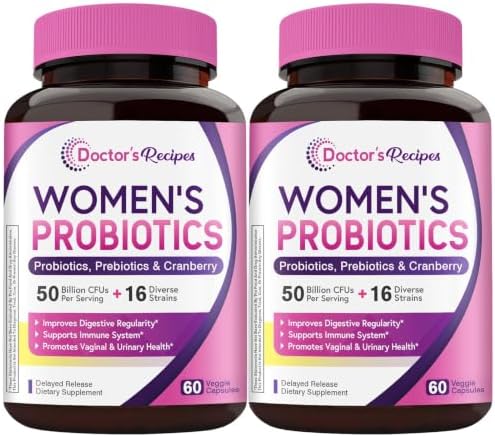 Doctor's Recipes Women's Probiotics, 120 Caps (2 Pack) 50 Billion CFU 16 Strains, with Organic Cranberry, Digestive Immune Vaginal & Urinary Health, Shelf Stable, Delayed Release, No Soy Gluten Dairy