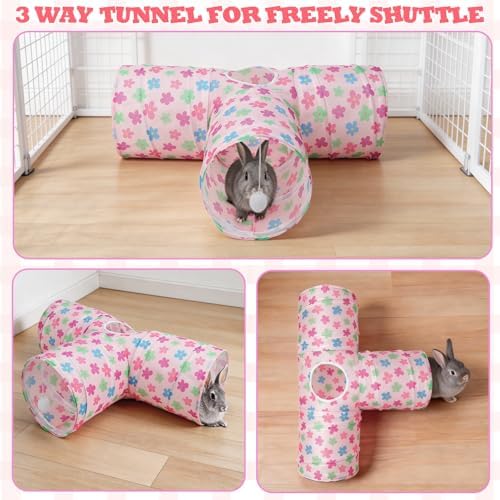 BWOGUE Bunny Tunnels & Tubes, 3-Way Collapsible Rabbit Hideout for Bunnies