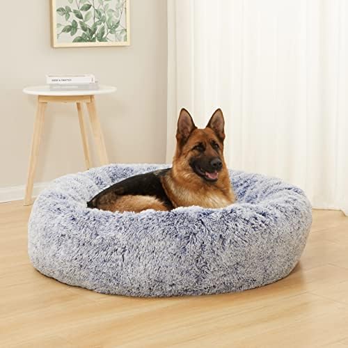 Bedfolks Calming Fluffy Donut Dog Bed for X-Large Dogs,Navy Blue,45" Round