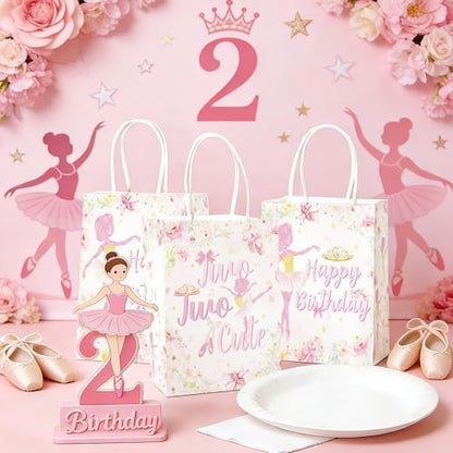 16Pcs Ballerina 2nd Birthday Party Favor Bags Pink Ballet Tutu Cute Candy Treat Gift Goodie Bags with Handles Ballerina Fairy Decorations for Girls 2 Year Old Birthday Baby Shower Party Supplies