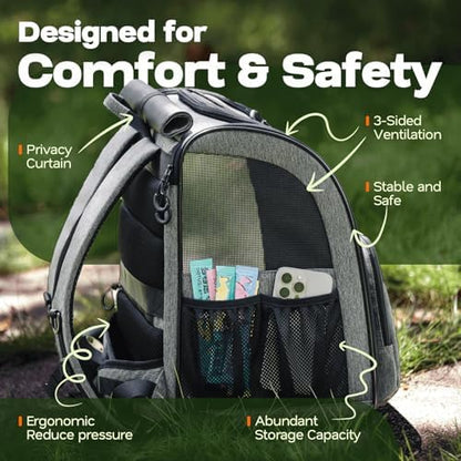 Premium Dog & Cat Carrier Backpack for Travel, Hiking & Vet Visits - Solid Durable Pet Backpack with Breathable Mesh, Safety Strap, Anti-Anxiety Curtain & Storage Pockets (Gray)