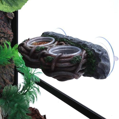 AIICIOO Crested Gecko Feeding Ledge Double Bowl Reptile Vine Food Ledge with 4 PCS Cup Corner Water Bowl for Lizard Snake Bearded Dragon Frog Turtle Terrarium Tank Decor