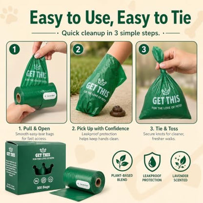 GET THIS Dog Poop Bag - 300 Dog Waste Bags, Lavender Scented, Leakproof & Odor-Trapping, Durable Waste Bags – 20 Rolls (15 Pet Poop Bagі Per Roll), 13x9" Environment-friendly Potty Bags