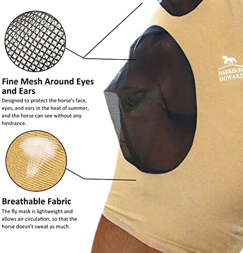 Harrison Howard Super Comfort Stretchy Fly Mask Large Eye Space with UV Protection Soft on Skin with Breathability Champagne Gold M Cob