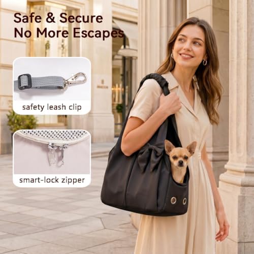 Fashion Dog Purse Carrier for Small Dogs and Cats, Soft-Sided Puppy Tote Bag Under 15 lbs, Lightweight Pet Carrier with 4 Pockets, Smart Zipper Lock, Pet Travel Bag for Travel Outdoor(Black)