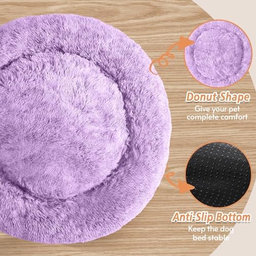 JOLLYVOGUE Calming Dog Bed Medium Size Dog, 31in Donut Washable Medium Pet Bed, Anti-Slip & Anti-Anxiety Fluffy Faux Fur Round Dogs Bed, Fits up to 45 lbs Pets (Purple)