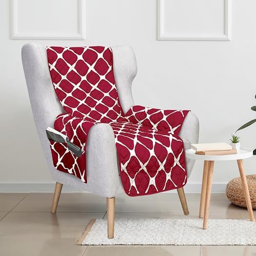 Elegant Comfort Quilted Furniture Protectors Solid and Printed Design Reversible Slipcovers Featuring Elastic Straps and Smart Pockets, Bloomingdale Wing Chair, Burgundy/Black