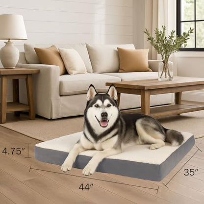 Orthopedic Dog Bed - 2-Layer 44x35-Inch Memory Foam Pet Mattress with Machine-Washable Sherpa Cover for Large Dogs up to 100lbs by PETMAKER (Gray)