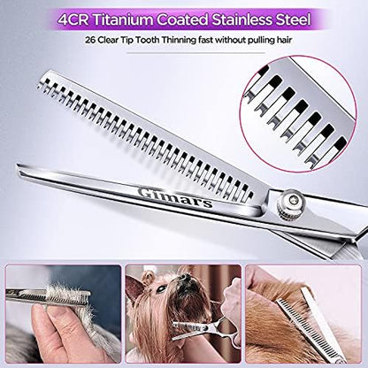 Gimars Professional 4CR Stainless Steel 6 in 1 Grooming Scissors for Dogs with Safety Round Tip, Heavy Duty Titanium Coated Pet Grooming Scissor for Dogs, Cats and Other Animals