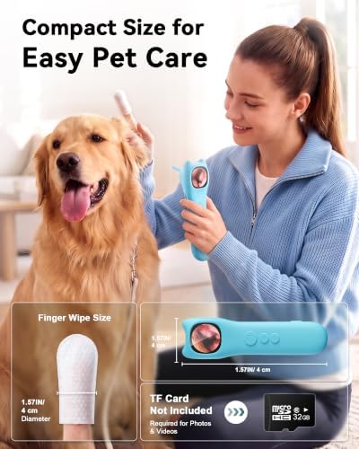 Pet Ear Camera Cleaning Kit with Screen, Dog & Cat Ear Cleaner with 50 Finger Wipes, Gentle Soft Otic Ear Cleaning Pads, Helps Clean Dirt, Wax & Odor-Causing Buildup, Non-Irritating, Blue