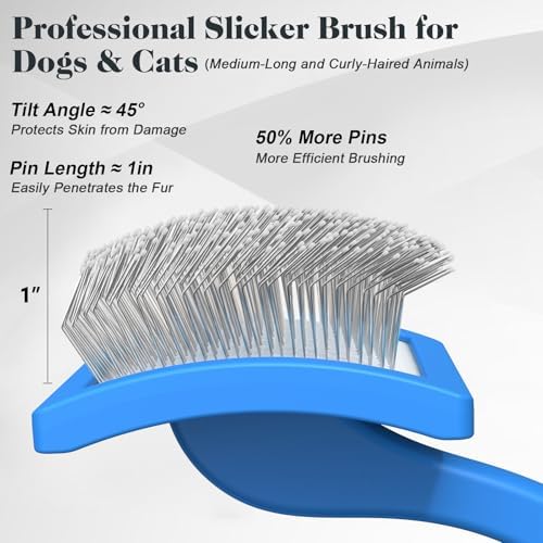 2PCS Slicker Brush for Dogs & Pet Comb,Professional Dog Grooming Brush (Goldendoodles,Poodles,Labradoodles) with Extra Long Pins to Effectively Remove Tangles, Knots and Mats (Blue, Gentle Large)