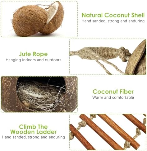 Tfwadmx Coconut Bird Nest Hut with Ladder Natural Coconut Fiber Shell Hanging Coco Birds House Parrot Cage Decor for Parrot Parakeet Lovebird Finch Canary