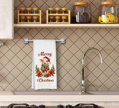 Merry Christmas Pig Kitchen Dish Towels Dishcloth 16x24 Inches