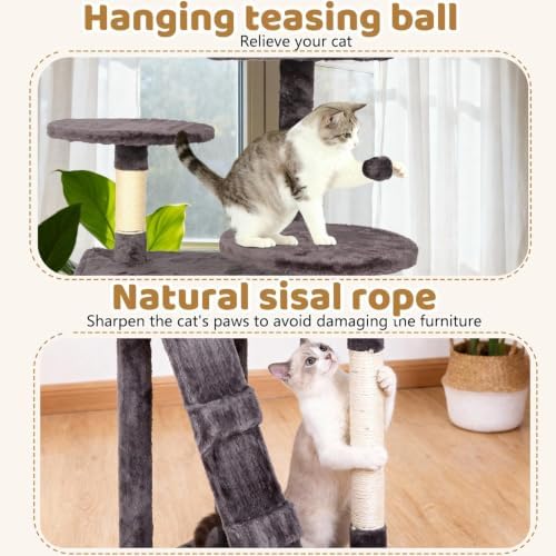 BestOffice 54" Cat Tree with Toy, Multi-Level Cat Tower Indoor Ashy
