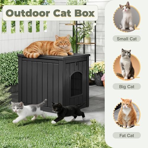 Cat Litter Box Enclosure, Openable Front Door Outdoor Enclosed Cat Litter Box, Outdoor Cat House Weatherproof Raised Floor, Easy to Clean, Black