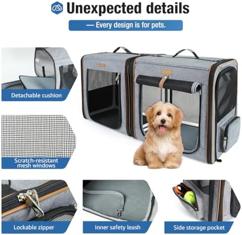 Lekereise Large Cat Carrier for 2 Cats, 2-in-1 Cat Travel Carrier with Litter Box, (17.7" x2) x16.5"x13" Pet Carrier with Zipper Locks for Moving Across The Country (No Hammock) - Grey