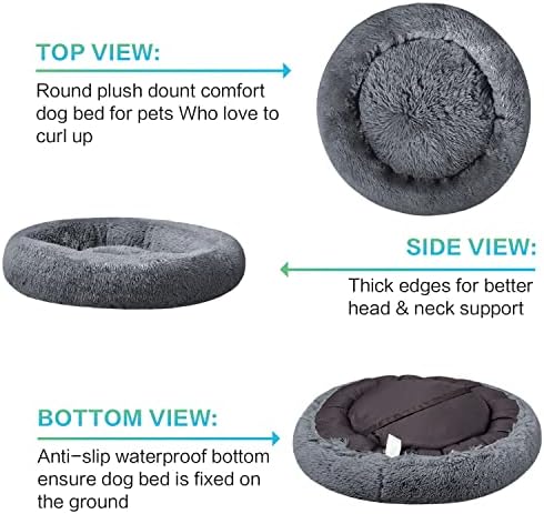 SAVFOX 54 inches Calming Donut Dog Bed - 3X Durable Plush Faux Fur, Machine Washable & Non-Slip, Fits up to 210 lbs, Removable Cover, Dark Grey