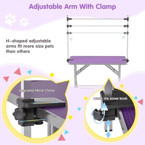 Lyromix 36'' Stainless Steel Pet Dog Grooming Table, Arm/Noose/Tray, Purple