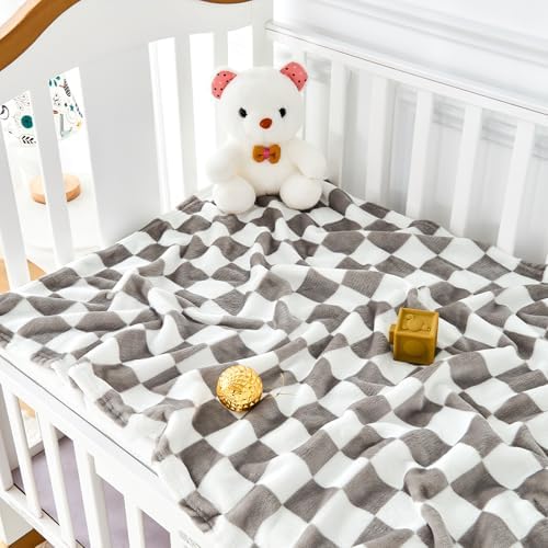 Yurhap Checkered Baby Blanket Fleece Baby Blankets Neutral for Boys Girls, Super Soft Warm Lightweight Infant Toddler Newborn Receiving Gifts for Crib Stroller, 30x40 Inch, Greige