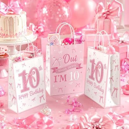 16Pcs Pink Bow 10th Birthday Party Favor Bags Cute Bow Goodie Bags