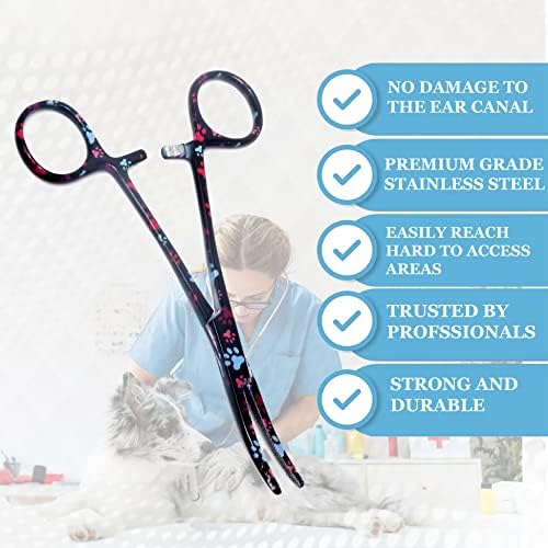 Dog Pet Ear/Nose Hair Puller Grooming Hemostat Locking Forceps Curved Pliers, 5.5" (14cm) Full Serrated Clamps Stainless Steel (Black Multi Paws)