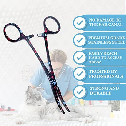Dog Pet Ear/Nose Hair Puller Grooming Hemostat Locking Forceps Curved Pliers, 5.5" (14cm) Full Serrated Clamps Stainless Steel (Black Multi Paws)