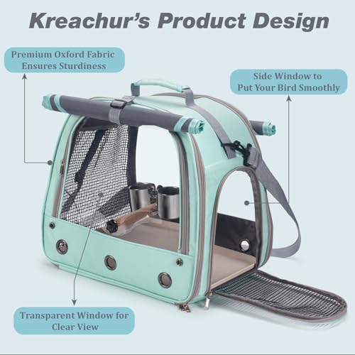 Bird Carrier Parrot Travel Cage with Perch, Food Bowl, Tray and Breathable Clear Window, Bird Travel Bag for African Gray Cockatiel Caique Conure Quaker, for Vetting Camping Hiking (Blue)