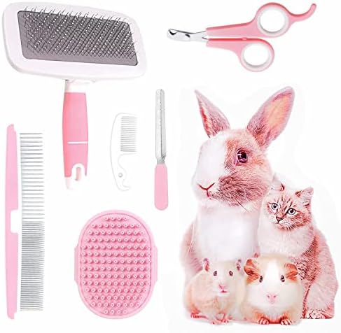 Small Animal Pet Grooming Kit with Pet Shedding Slicker Brush, Bath Massage Glove, Pet Grooming Comb, Nail Clipper Trimmer for Rabbit, Puppy, Kitten, Guinea Pig, Hamster, Ferret (Pink)