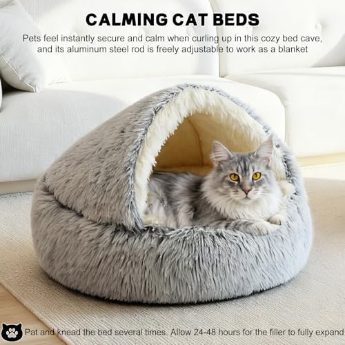 YUDANSI Calming Cat Beds for Indoor Cats - Plush Fluffy Hooded Cave Nest, Anti-Slip Self-Warming Pet Beds, Washable Built-in No-Collapsing Support (Grey-50cm/20in)