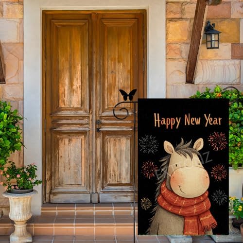 Happy New Year Garden Flag 12x18 Double Sided Vertical Linen Small Fireworks Horse House Flag Welcome Holiday Winter House Outdoor Outside Decorations (27163)