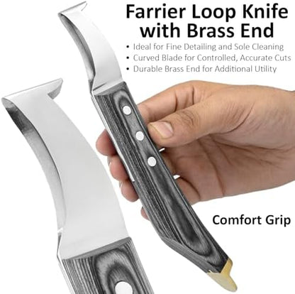 Premium Farrier Loop & Hoof Knife with Brass End – Professional Hoof Trimming Tool for Horses, Cows & Livestock, Stainless Steel Blade, Ergonomic Wood Handle (Black)