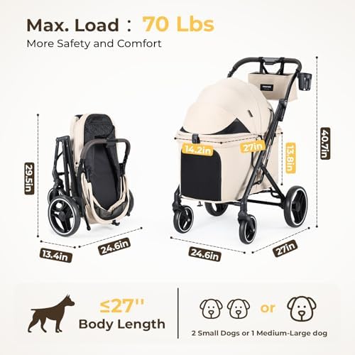 X6 Pet Stroller for Medium Large Pets Up to 70Lbs, Beige