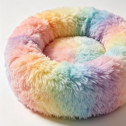 Cat Beds for Indoor Cats - Anti Anxiety Round Dog Beds for Small Medium Dogs, Fluffy Plush Faux Fur Pet Bed (Rainbow, Large 24" L x 24" W)