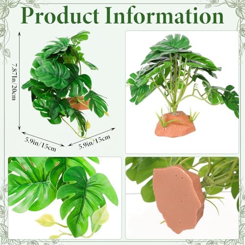 Suncalla 4 Pack Reptile Plants for Terrarium Decor, Snake Tank Accessories, Amphibian Habitat Decor, and Artificial Plants with Base for Bearded Dragon, Gecko, Lizard, Chameleon(Monstera Deliciosa)