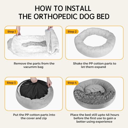 Small Dog Bed with Blanket Installation Required Removable Cover Cave Washable Cat Pet Bed for Crate Toy Puppy Donut Round Pad Plush Cozy Anti-Slip Bottom Gray 23X23X7 inch