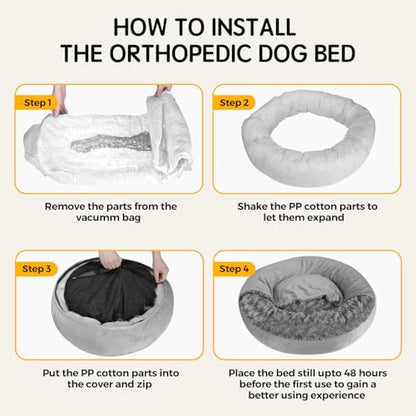 Small Dog Bed with Blanket Installation Required Removable Cover Cave Washable Cat Pet Bed for Crate Toy Puppy Donut Round Pad Plush Cozy Anti-Slip Bottom Gray 23X23X7 inch