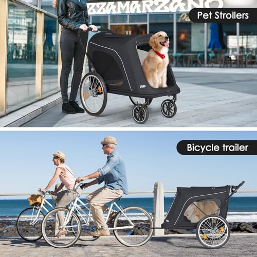R8 Pro Extra Large Foldable Pet Stroller, Dog Stroller & Pet Trailer for Large Dogs Under 100 lbs, Unmovable, Disabled & Pregnant Dogs - Conveniently Carriable by Bike and Car, Black