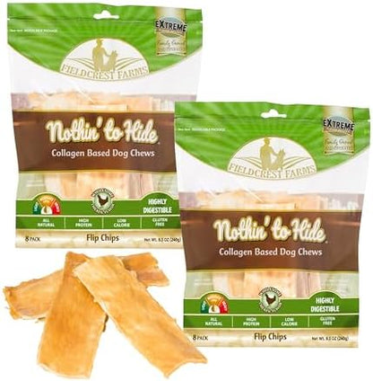 Fieldcrest Farms Nothin to Hide Flip Chips Dog Chews - Natural Rawhide Alternative Treats for Dogs, Collagen Based Snack for Moderate Chewers Up to 35lbs, Chicken Flavor - 2 Packs (16 Chips)
