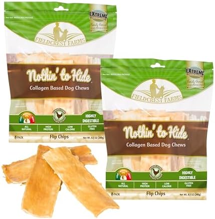 Fieldcrest Farms Nothin to Hide Flip Chips Dog Chews - Natural Rawhide Alternative Treats for Dogs, Collagen Based Snack for Moderate Chewers Up to 35lbs, Chicken Flavor - 2 Packs (16 Chips)